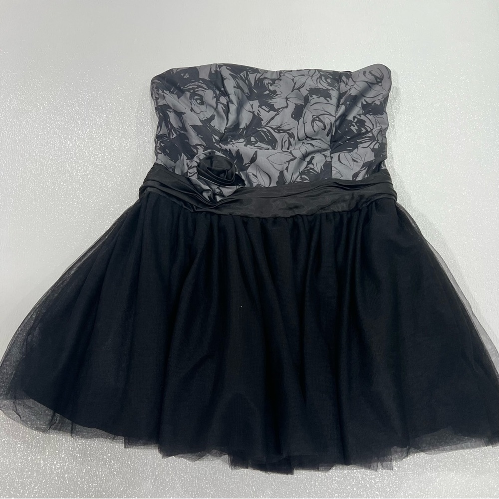 CINDY Vintage Black Gray Strapless Floral Mini Tulle Dress Size 2XL